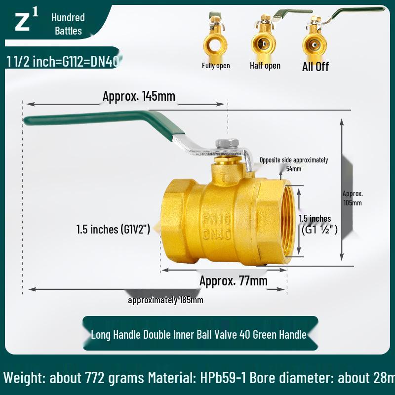 Brass Double Female Thread Ball Valve with Long Handle, Thickened for Water Heating, Available In Sizes: DN25, DN32, DN40, DN50.