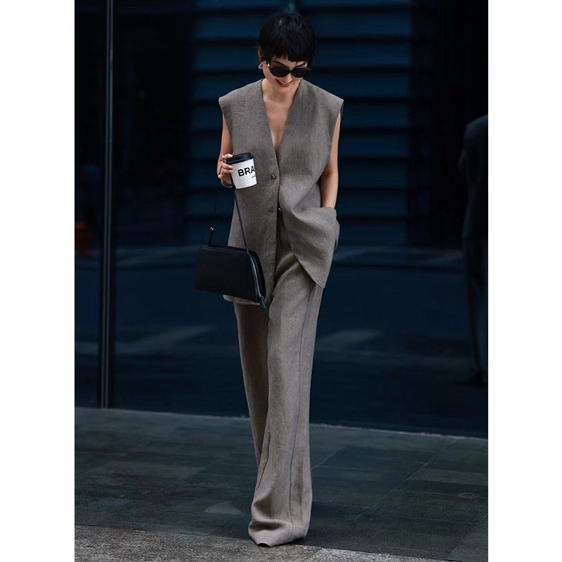 

V-neck Vest Cardigan Outwear with Loose Pants Suit Elegant President Fan Linen Fashion Casual Two-Piece Suit Trendy Summer Gray L