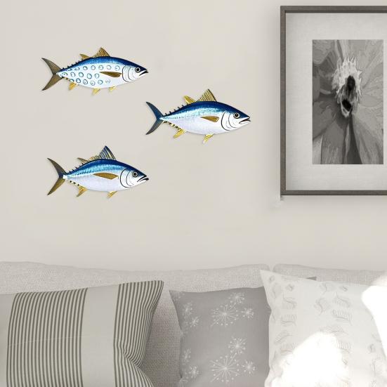 3 Pezzi Pesce Tonno in Legno Arte da Parete Pesce Oceanico Appeso a Parete Decorazione Tema Nautico Costiero Scultura da Parete per Casa Casa sul Lago Stanza Decorazione