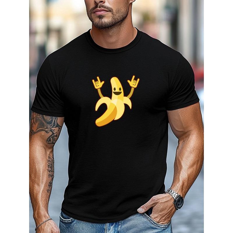 European Size Men's T-shirt, Minimalist and Stylish, Men's Banana with Rock Hand Gesture Pattern Summer Casual Crew Neck Short-sleeve T-shirt