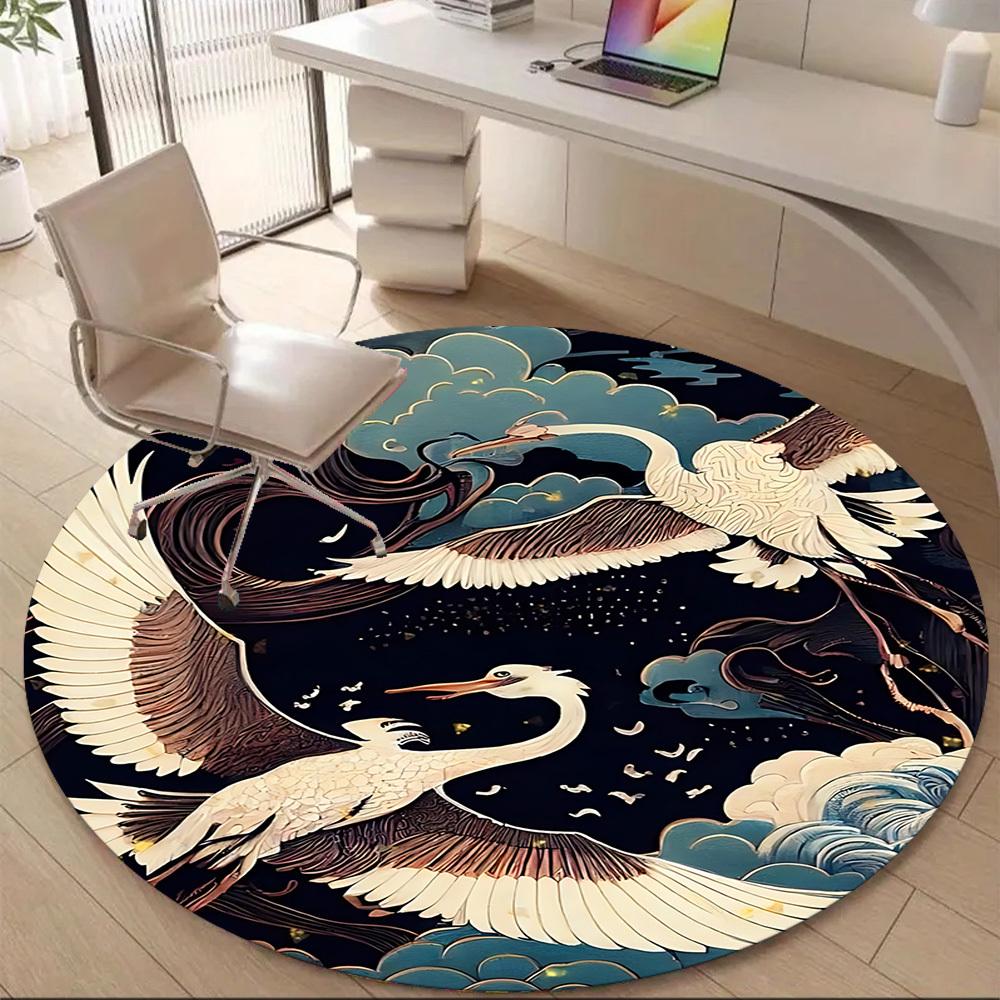 1pc Cranes Night Sky Office Round Area Rug, Under Office Chairs Bedroom Living Room Home Decor, Room Deco