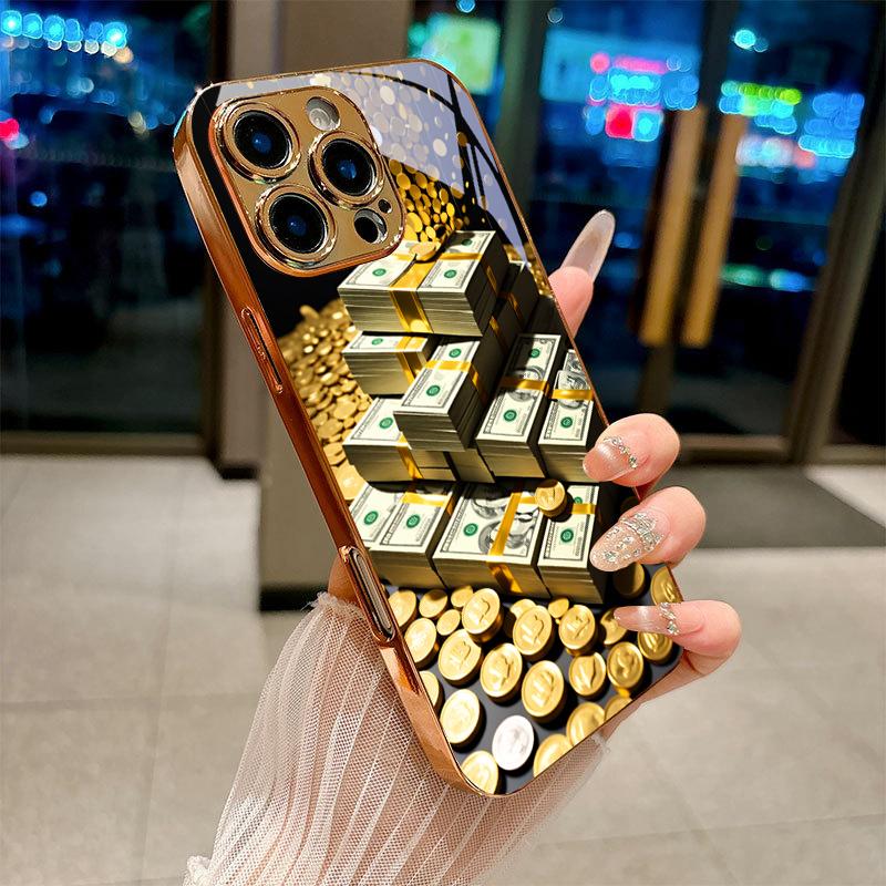Money Stacks Art Electroplated Golden Phone Case For iPhone 17Air 17 16 15 14 13 12 11 Pro Max Plus 16E XR 7 8 Xs X Glass Cover