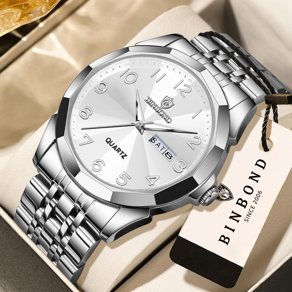 BINBOND Men's Quartz Watch Luxury Sturdy Luminous Waterproof Week Display Auto Date Accurate Stainless Steel Reloj