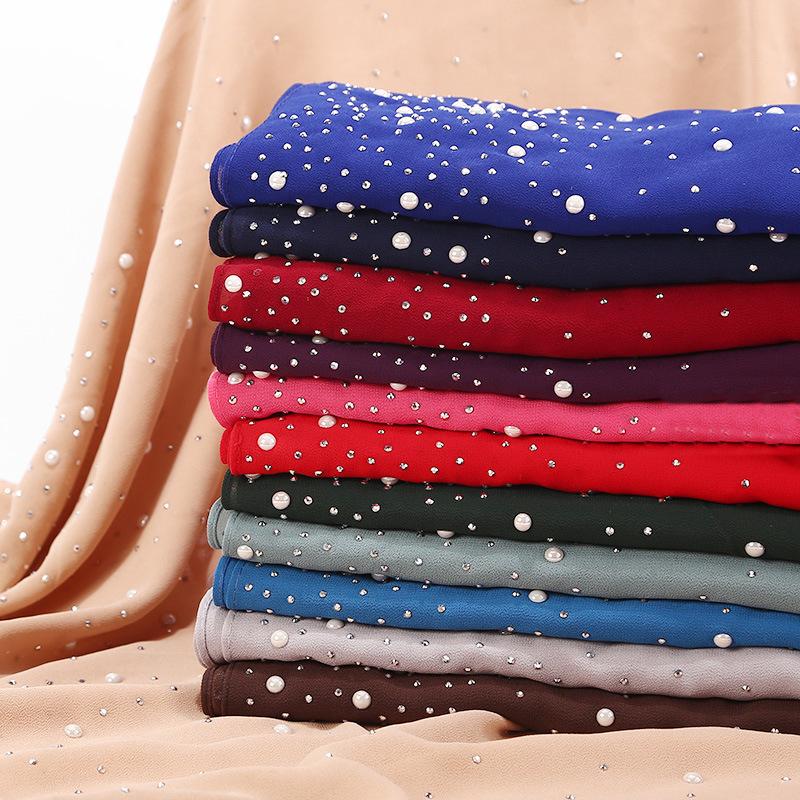 Women Bubble Chiffon Hijabs Scarf With Diamonds Studs Pearls Scarves Plain Shawls Headscarf Wraps Solid Color Mullfers Turbans