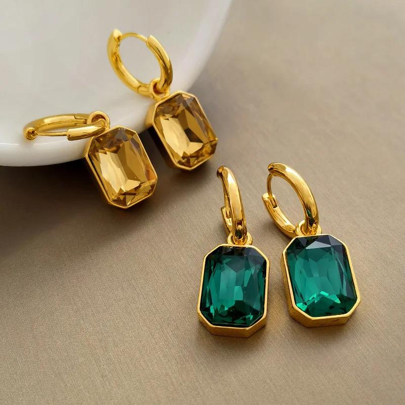 Edelstahl Hohe Qualität Grün Geometrisch Kristall Hängende Ohrringe für Damen Retro Mode Creolen Smaragd Schmuck Zubehör Geschenk