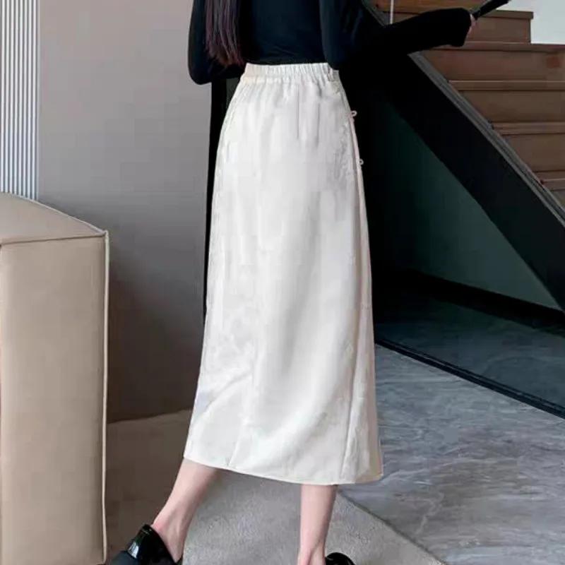 Chinese Style Skirts for Women Printed Casual Streetwear Elegant Female Spring Summer Chic Solid High Waist Simple