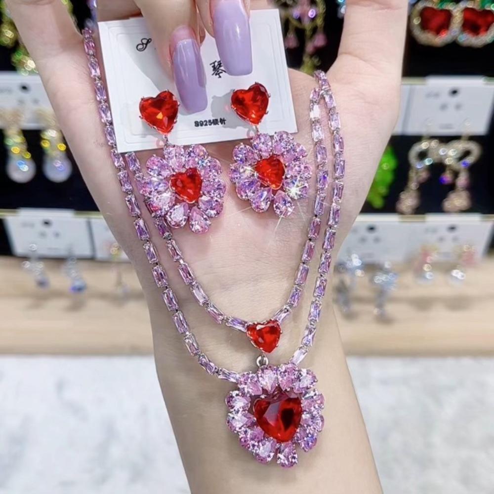 Luxury Heart Pendant Jewelry Set Earring Pink Red Necklace For Women Bridal Wedding Exquisite Fashion Zircon Party Banquet Gift