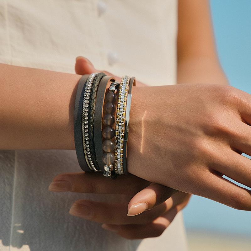 Bohemian Retro Multilayer Women Glass Drill Leather Magnetic Buckle Bracelet