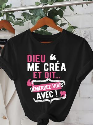 Lässiges Damen-T-Shirt mit Rundhalsausschnitt und französischem Zitat „Dieu Me C'est Mon Saint“ – Verspieltes Kurzarm-Oberteil mit Buchstabenprint für den Frühling