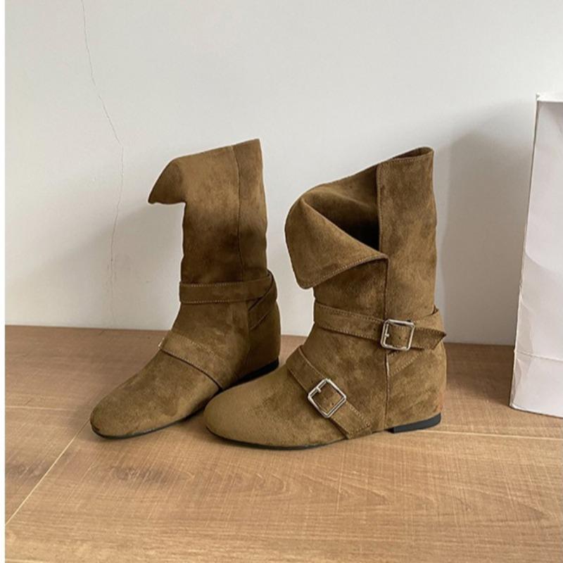 Fashion Seoul Inspired round Toe Motorcycle Boots Women Metal Bule Velvet Surface Knight Sle Mid-Calf Flat Heel Booties Hight Top Shoes