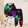 Women Plus Size Two Piece Set Long Sleeve Hooded Top Cuffed Pants Colorful Splash Printed Outfit