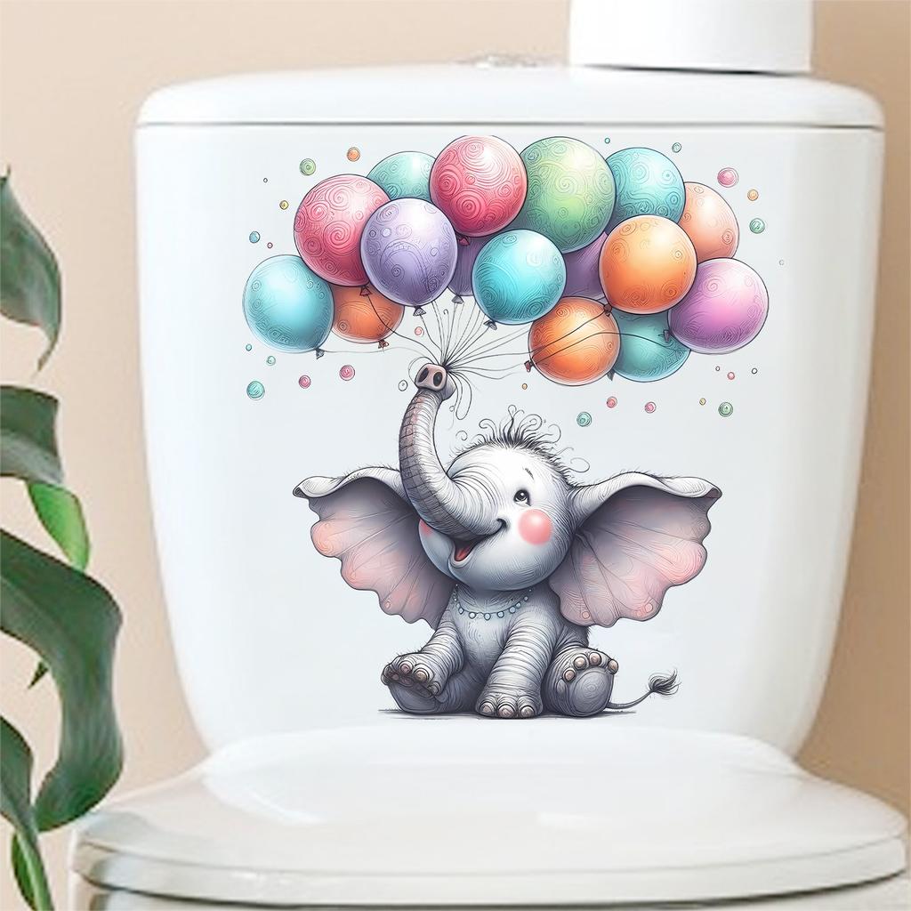 Watercolor Cartoon Elephant with Balloons Toilet Sticker Self-Adhesive Removable for Kids Bathroom Bedroom Decor