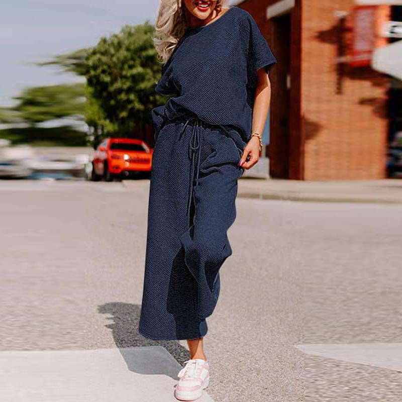 Sets for Women Summer Lounge Sets O-Neck Tops Wide Leg Crop Pants Vacation Travel Outfits