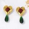 Exaggerated Retro Heart Gemstones Green Water-drop Resin Dangle Earrings for Women Temperament Court-style Stud Earrings Jewelry