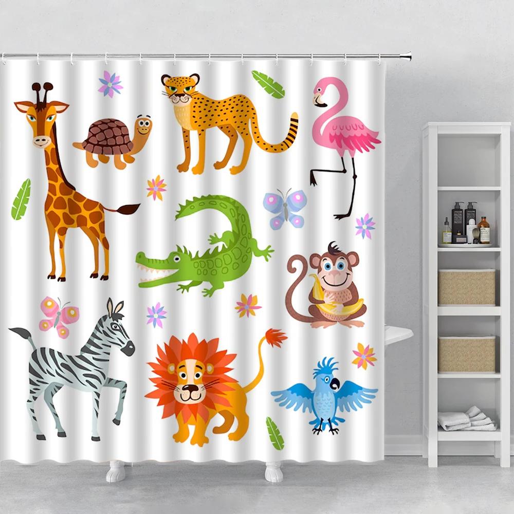 Cartoon Shower Curtain Cute Dolphin Fish Animal Zoo Giraffe Tiger Printing Bathroom Curtains Kids Room Decor Curtain with Hooks