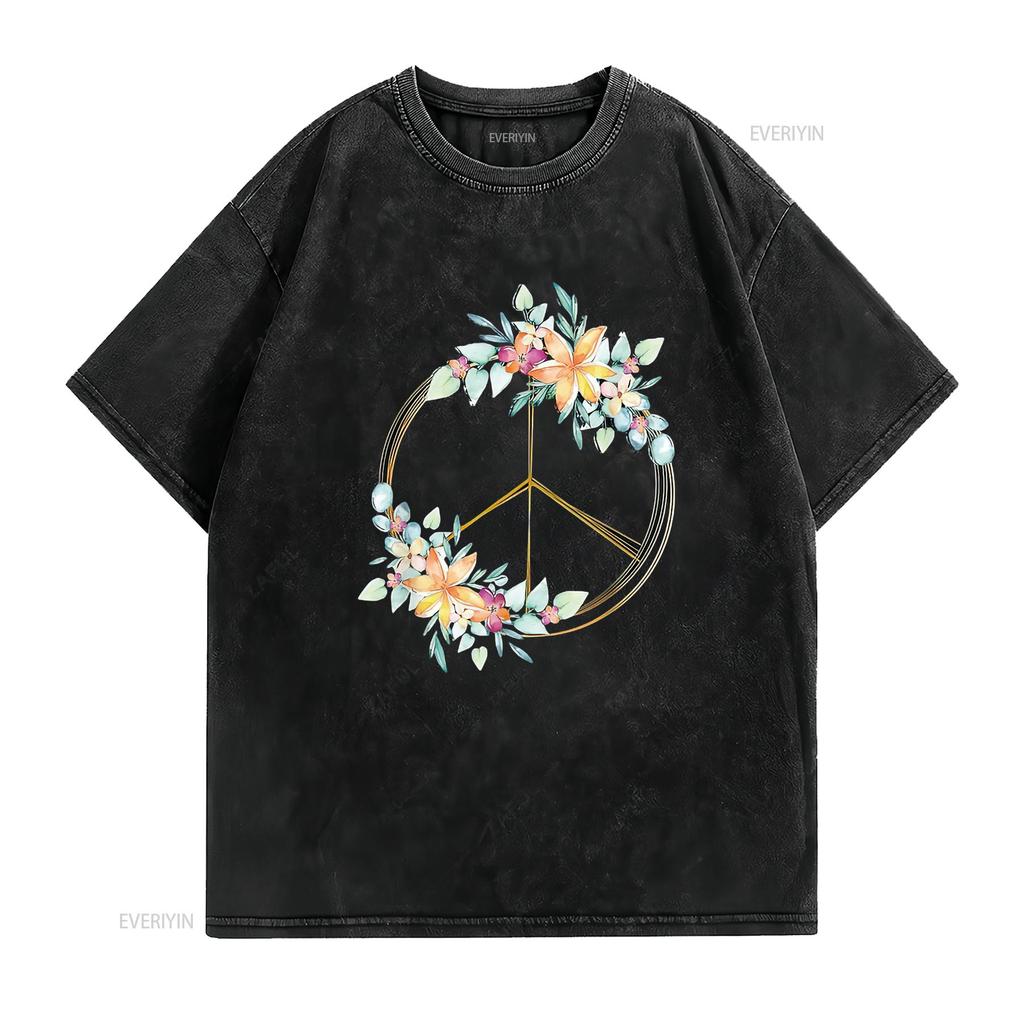 Floral Peace Sign Watercolor Bohemian Hippie Clothing Womens T Shirt Black 2X Large Vintage Washed Graphic Unisex Breathable