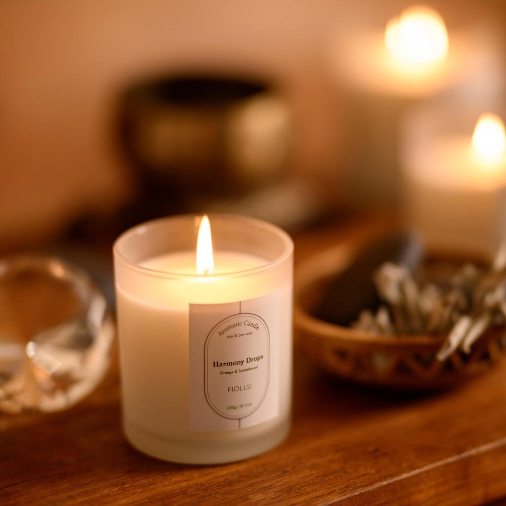 FIOLLU Aroma Candle by an Natural Soy Wax Smokeless Cotton Gift Harmony Drops (Sandalwood, Orange) [Supervised Aromatherapist] & Beeswax, Relaxing,