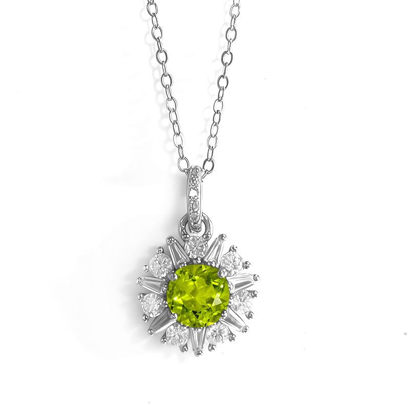 S925 Silver Sunflower Pendant Necklace with Natural Crystal, Micro Pave CZ Choker for Women