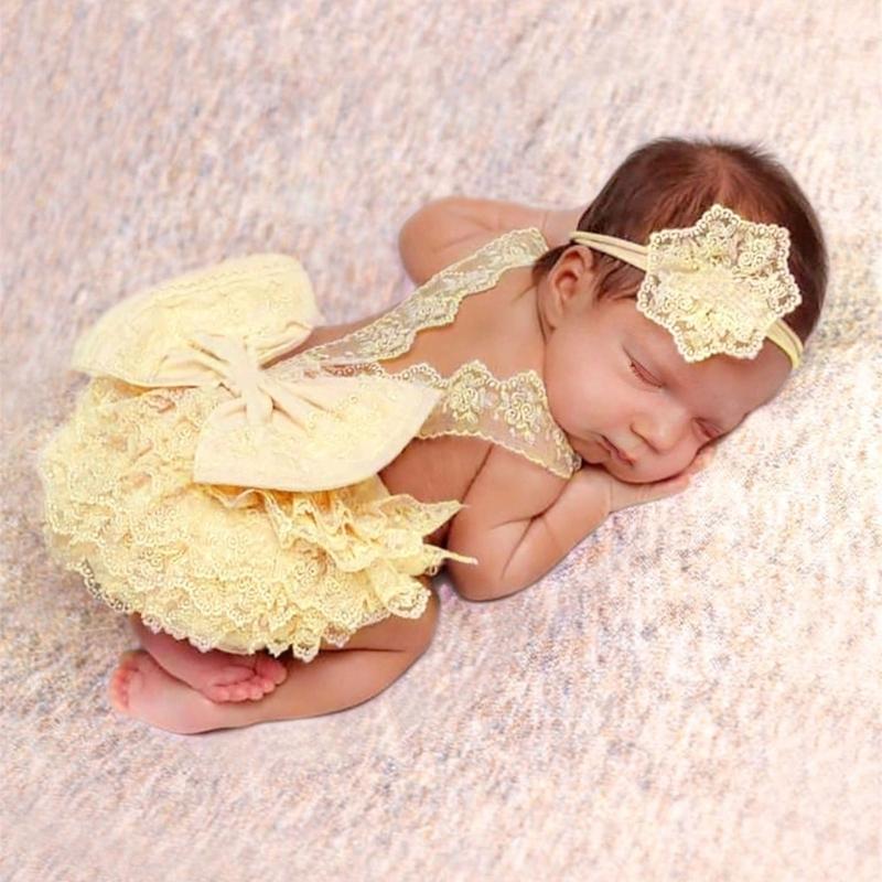 Photoshooting Props for Baby Shower Gift Newborn Costume Flower Headband Bowknot Lace Romper Dress Photography Clothing