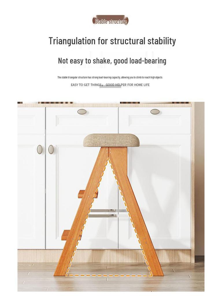 Three-Step Solid Wood Folding Ladder Stool: Multifunctional for Kitchen and Bar Use