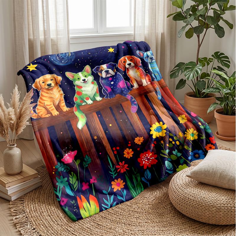 Space Puppies Garden Theme Blanket Lightweight Warm Flannel Blanket Decorative Throw Blanket for Home Decoration