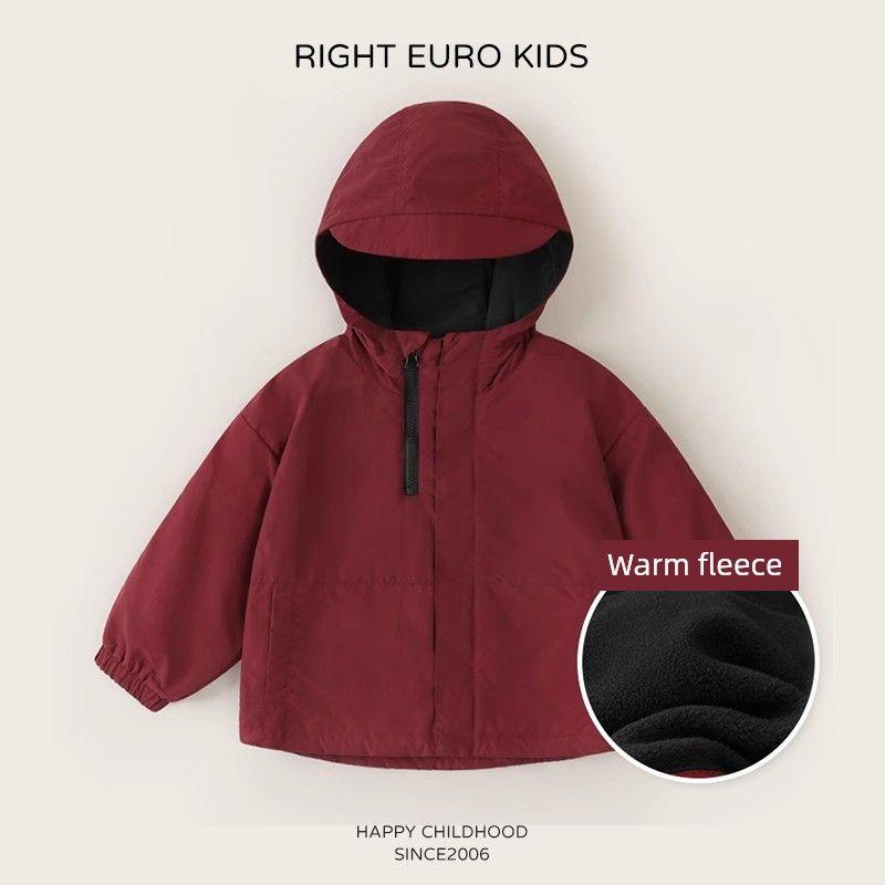 European Style Boys' Jacket with Fleece Lining for Autumn and Winter, Girls' Top, Baby Hooded Clothing, Waterproof Winter Wear, Children's Clothing