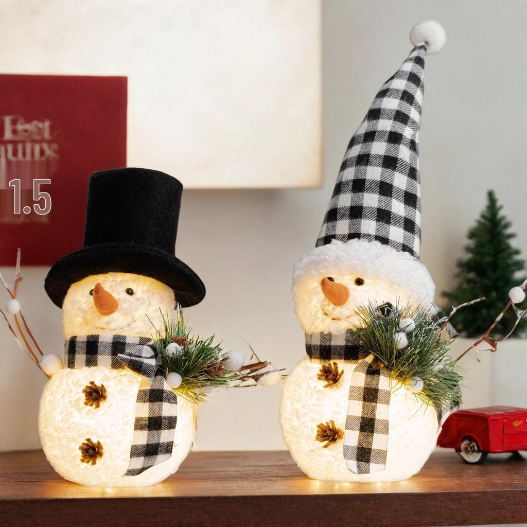 Christmas Luminous Snowman Ornament with Black & White Plaid Scarf Hat