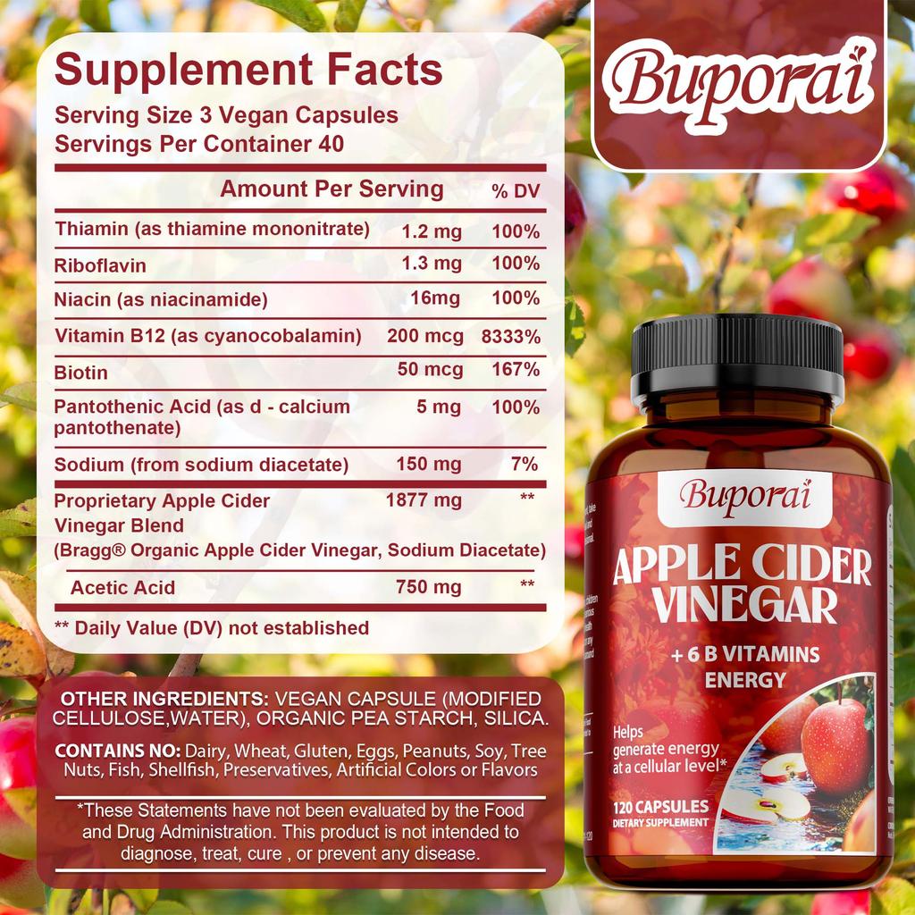 Apple Cider Vinegar Capsules, Containing Vitamin B12 Extract, Weight Management, Vegetarian, Gluten-free