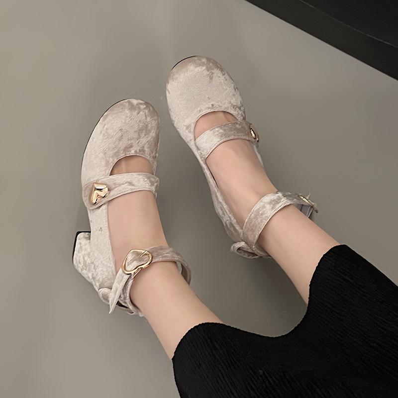 

модные туфли Мэри Джейн женская обувь новые модные туфли на толстом каблуке из французского бархата женские туфли на высоком каблуке с пряжкой в форме сердца и круглым носком 35 белый