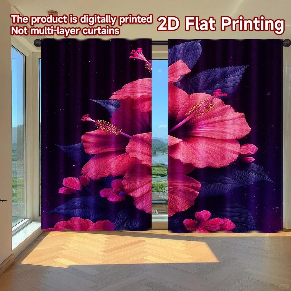 

2D FLAT PRINTING 2pcs Curtains (Without Rod) Floral Hibiscus in Neon Glow Easter Festival Popular Curtains&Drapes Durable 100*130 Rod Pocket 1pcs