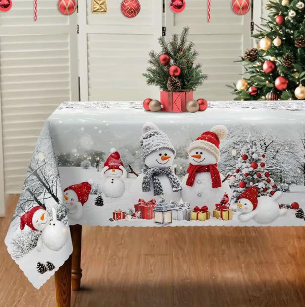 Vintage Winter Wonderland Christmas Tablecloth with Santa Reindeer & Snowman Patterns - Rectangular Table Cover