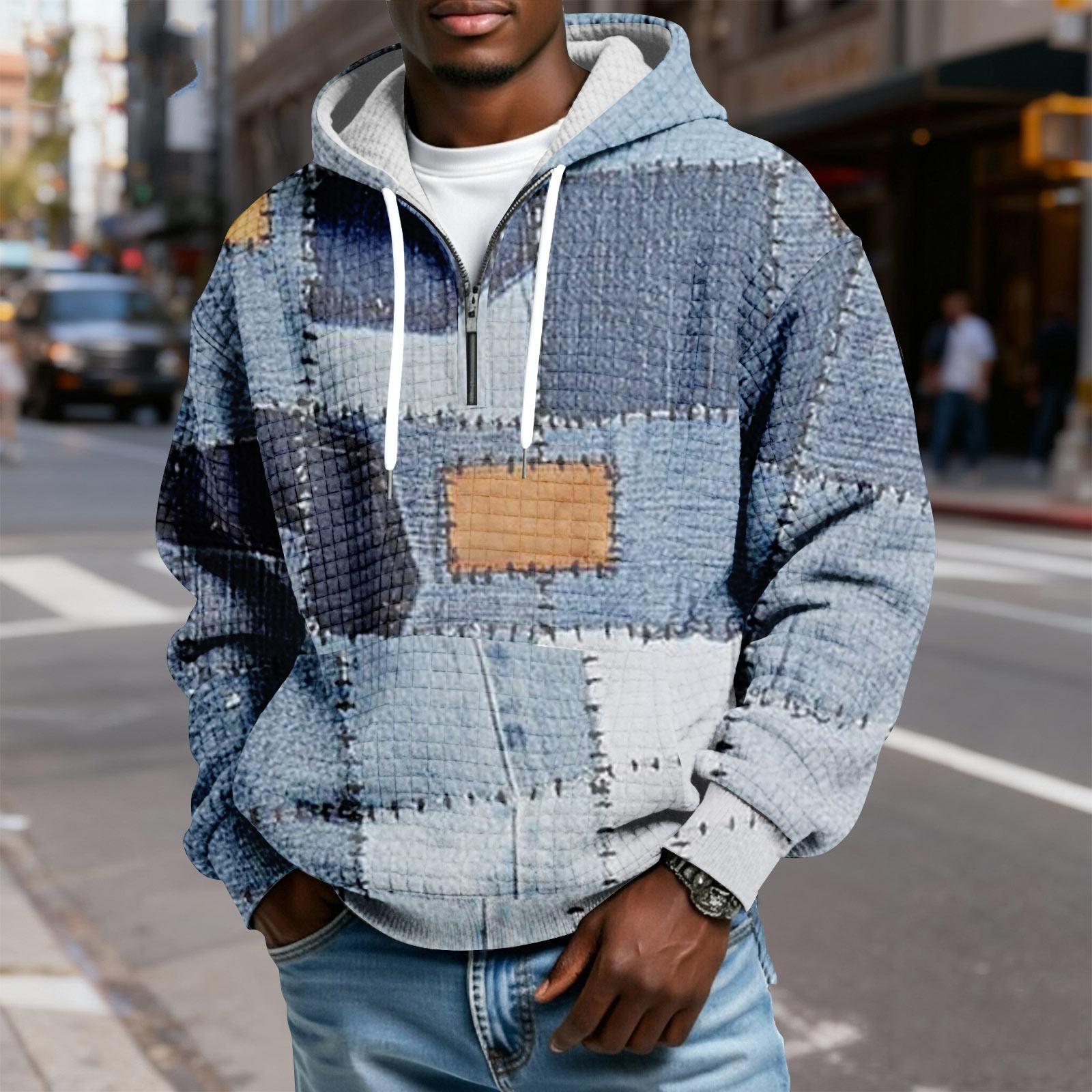 Мужской худи-пуловер в клетку с капюшоном на молнии до середины со шнурком и принтом повседневная спортивная толстовка S синий 2280₽