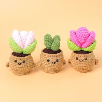 Finished Knitted Yarn Handmade Crochet Tulip Cactus Potted Figurine Crochet Doll Ornament