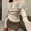VAYLA Fur Collar One-shoulder Long-sleeved Women Slim-fit Printed Pattern Off-shoulder Short Top Trendy Hot Girl Winter T-shirt Women