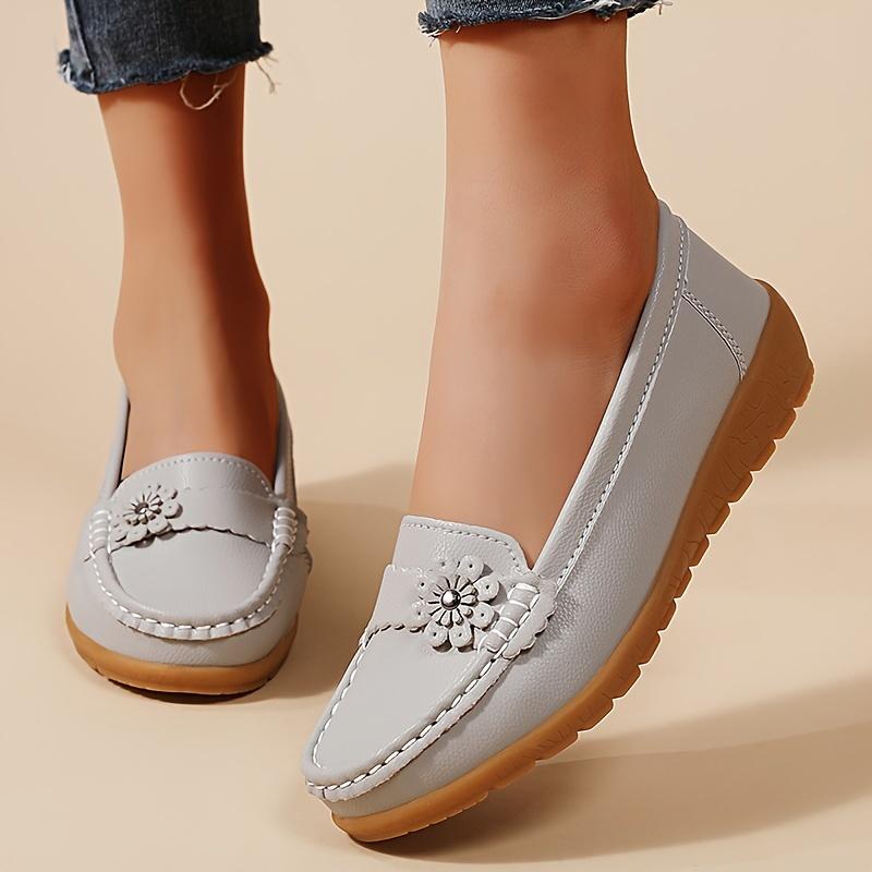 Women's Flower Decor Flat Loafers, Casual Solid Color Slip On Shoes, Lightweight & Comfortable Shoes
