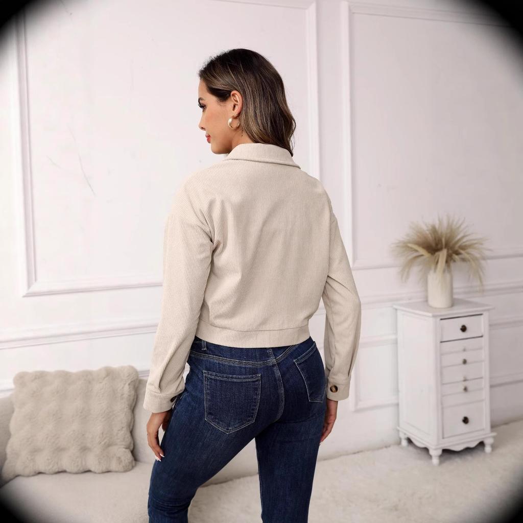 Women Spring Autumn Casual Long Sleeve Lapel Solid Color Pocket Corduroy Short Jacket Coat