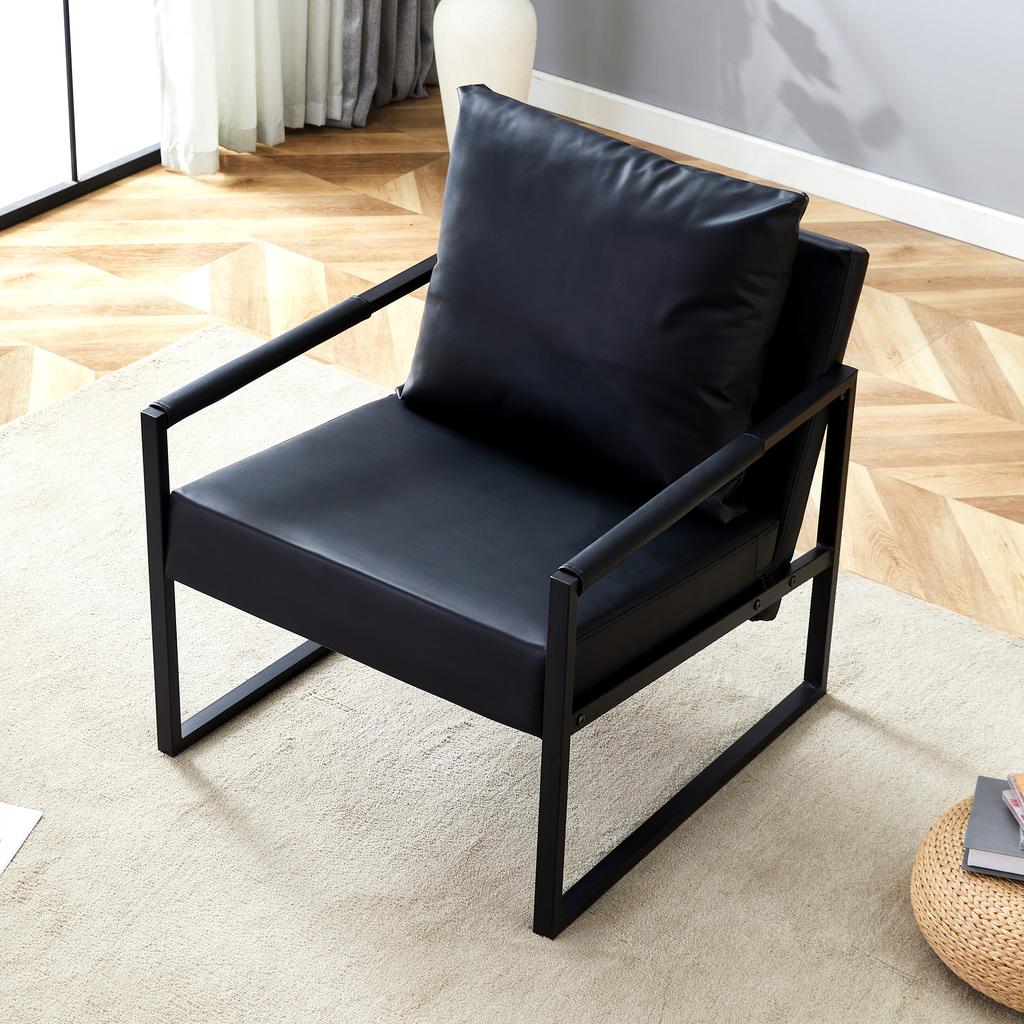 Poltrona da Lettura Nera con Struttura in Metallo Nero, Poltrona Moderna da Relax in Ecopelle, Divanetto Singolo per Soggiorno, Camera da Letto, Ufficio