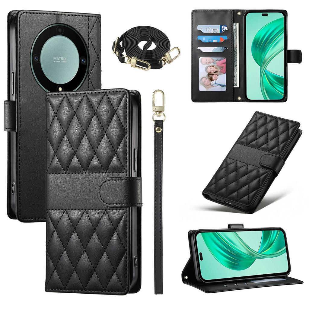 Wallet Case for Honor Magic8 Lite 5G/X70 5G/X9d 5G Rhombus Stitching Stand Leather Phone Cover with Long/Short Strap