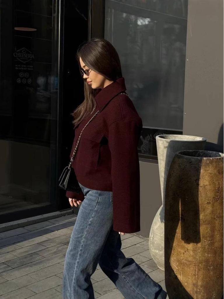 Damen Retro Revers Tasche Kurzmantel - Winterkollektion 2024