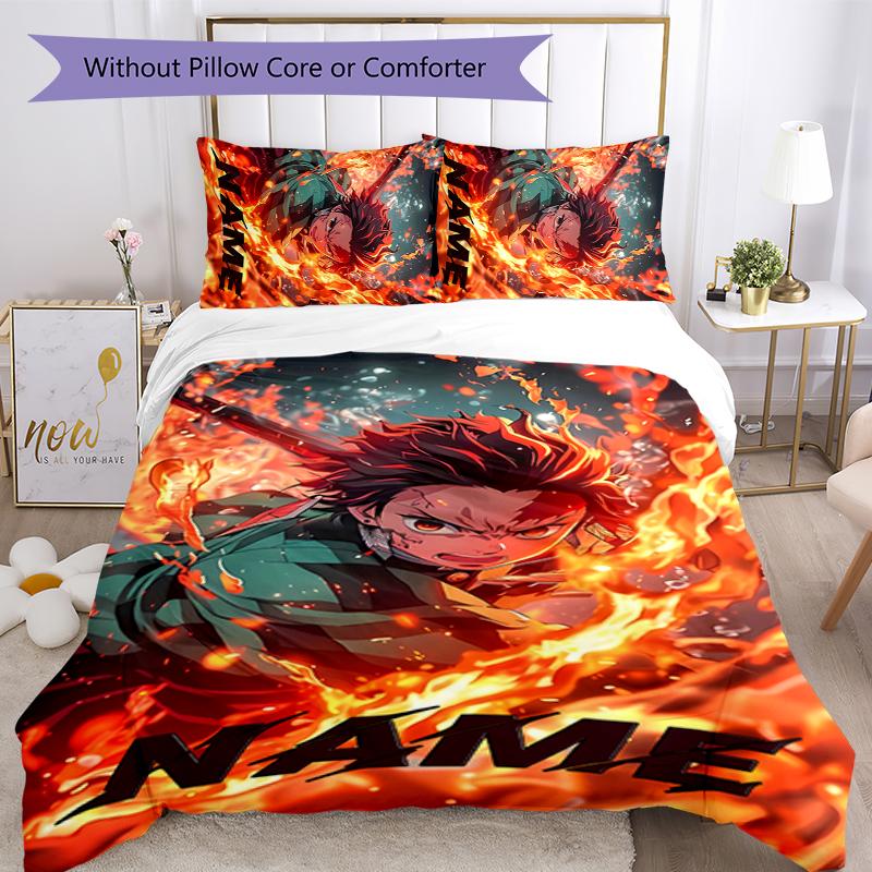3pcs Custom Name Demon Slayer Tanjiro Bedding Set Duvet Cover Closure Includes 1 Duvet Cover & 2 Pillowcases for All Seasons Bedroom Decor