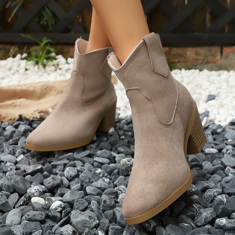 Women's Booties Fashion Pointed Toe Sleeve Bull Suede Non-Slip Block Heel Single Shoes