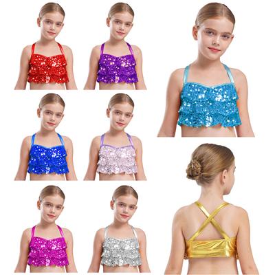 Top Jazz per Bambini con Paillettes Scintillanti e Volant a Strati Crop Canottiera con Incrocio sulla Schiena per Esibizioni