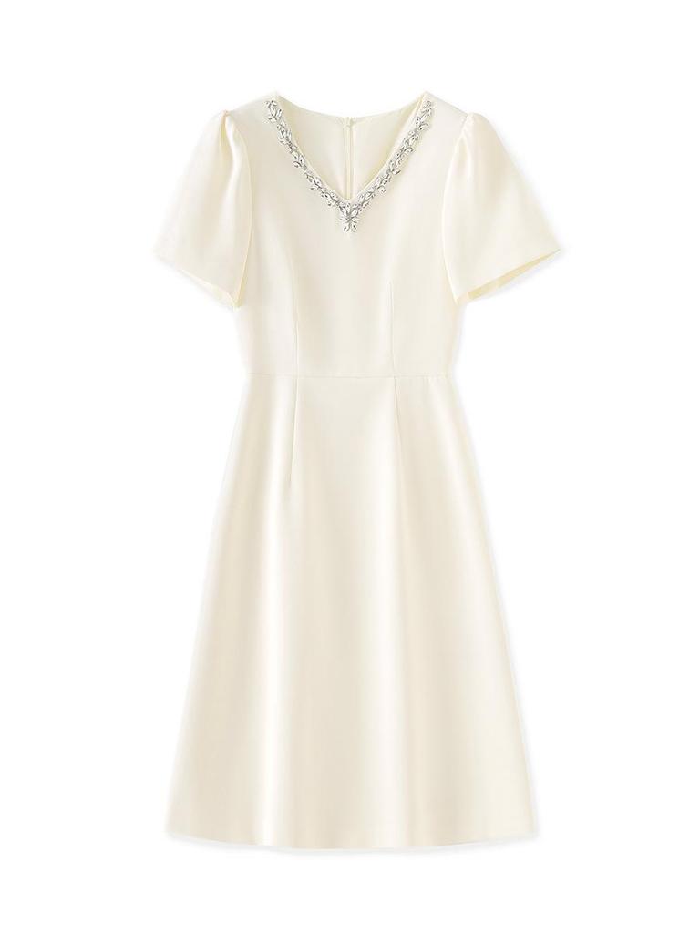 V-Neck Rhinestone Short Sleeve Dress - French Style, High-Quality Women's Summer Fashion