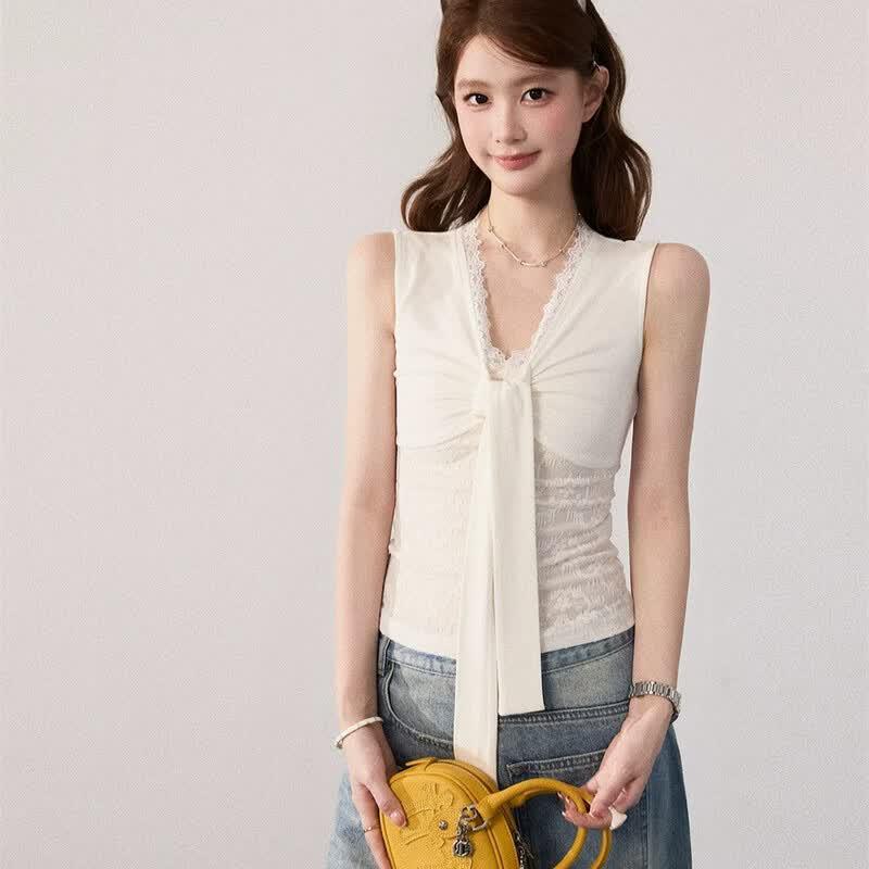 ZOSE Women s Sexy Lace Patchwork V-Neck Sleeveless Slim T-Shirt S