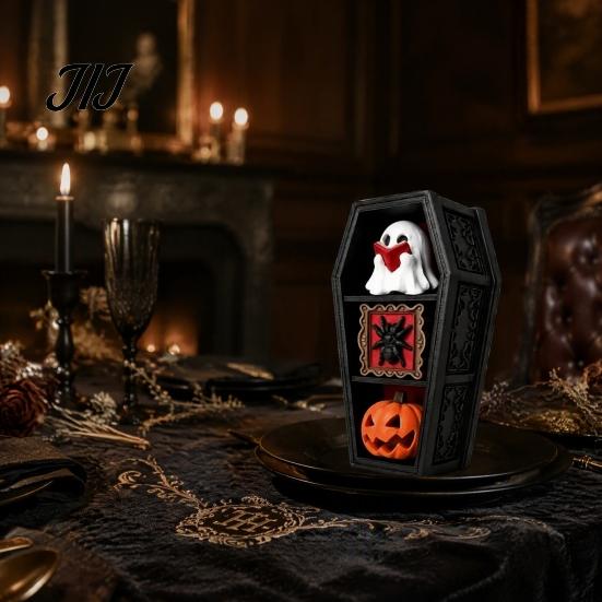 Spooky Window Display Props Halloween Gothic Coffin-Shaped Fidget Clicker Toy, Mini Push Pop Sensory Toy with Small Collectible Figures Ghost Pumpkin