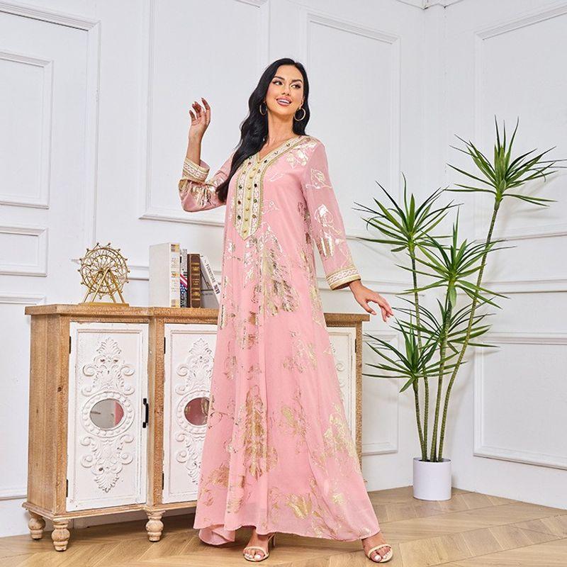 Middle East Spring New Arrival Bronzing Gem Fashion Robe Dubai Turkey Containing Belt Pink Dress Dress