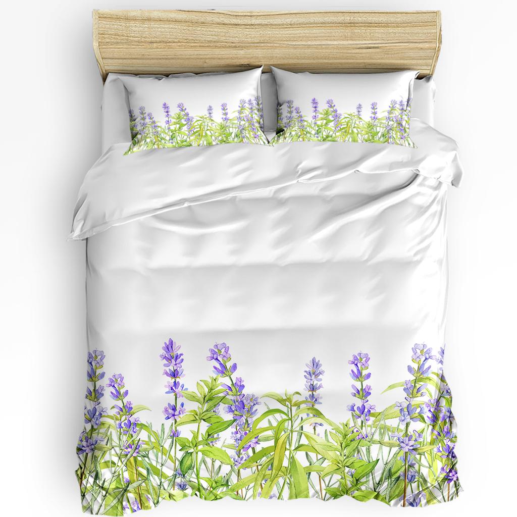 Fioletowy Kwiat Lawendowy Biały Poszwa na Kołdrę z Poszewką na Poduszkę Niestandardowy 3-częściowy Zestaw Pościeli Pokrowiec na Kołdrę Podwójne Łóżko Tekstylia Domowe