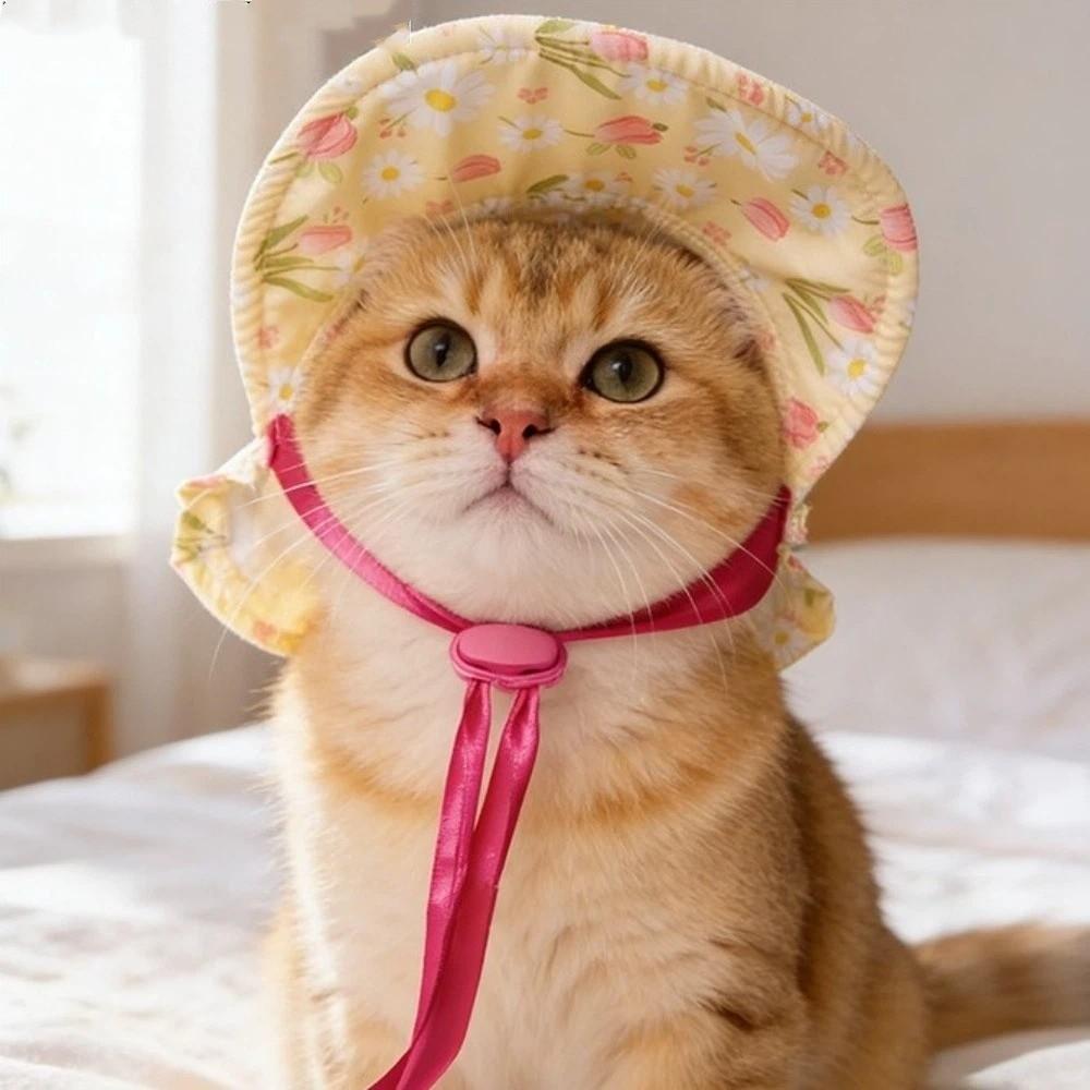 Floral Pattern Cat Sun Protection Hat Adjustable Dog Sunscreen Hat Pet Head Wear  For Dogs Cats