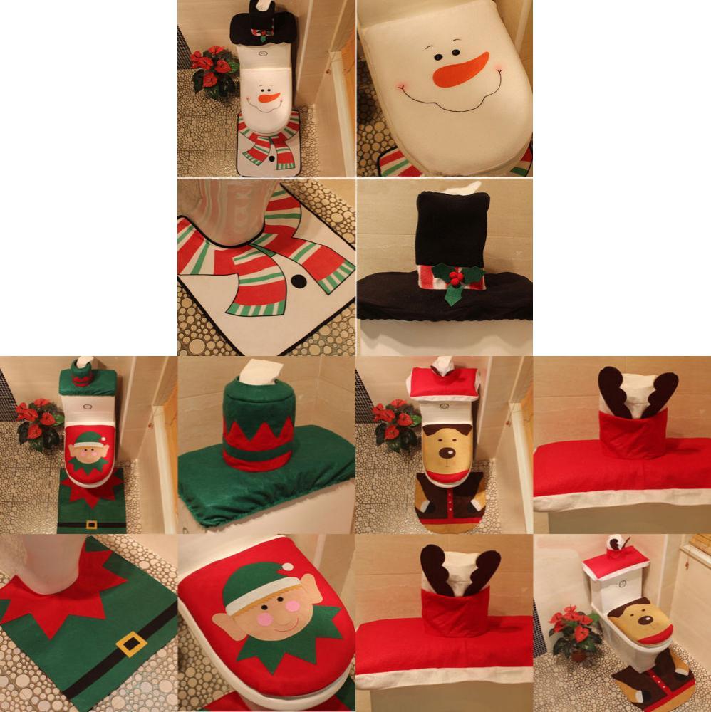 Festive Christmas Santa Toilet Seat Cover Set With Snowman And Reindeer Designs