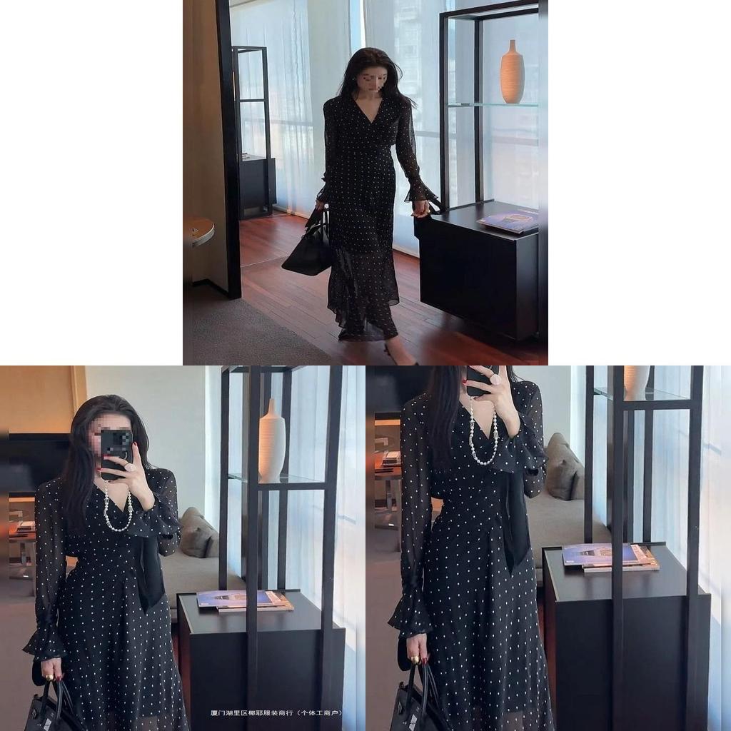 Elegant Black Polka Dot Long Dress With V Neck And Bell Sleeves For Spring Summer Vacation Wear
